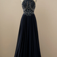 Black A-Line Halter Beaded Backless Long Prom Dress,DP1536