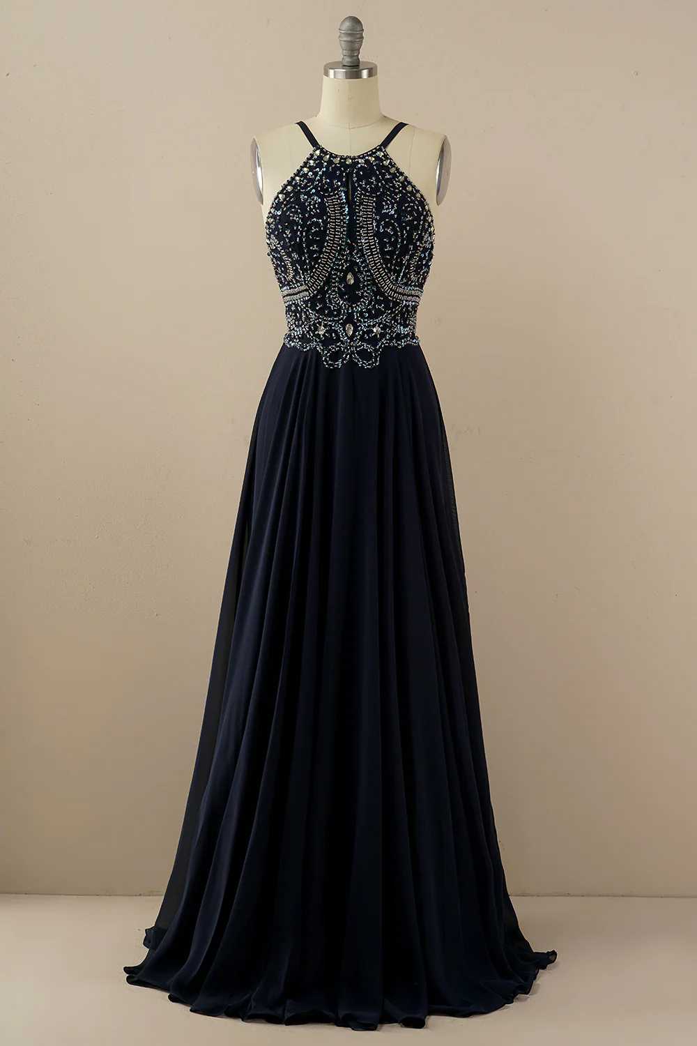 Black A-Line Halter Beaded Backless Long Prom Dress,DP1536