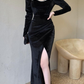 Black Long Sleeves Velvet Mermaid Slit Long Prom Dress with Beading,DP1539