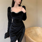 Black Long Sleeves Velvet Mermaid Slit Long Prom Dress with Beading,DP1539