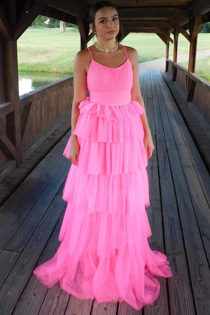 Hot Pink A-Line Tulle Layers Spaghetti Straps Long Prom Dress,DP1540