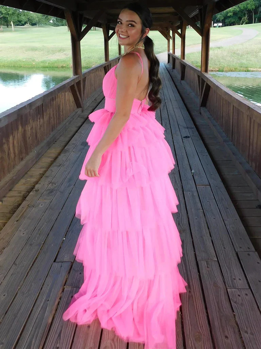 Hot Pink A-Line Tulle Layers Spaghetti Straps Long Prom Dress,DP1540