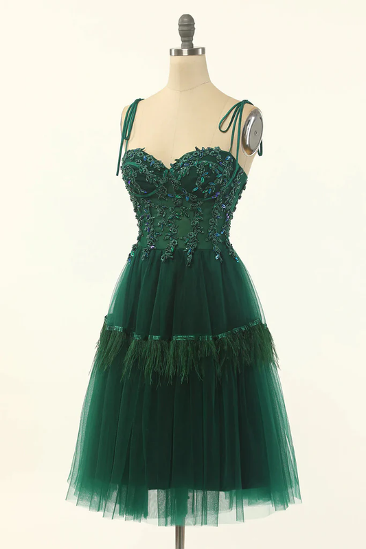 Green Sweetheart Tie-Strap A-Line Tulle Short Homecoming Dress,DP1541