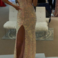 Sparkly Spaghetti Straps Sequins Mermaid Prom Dress Slit Long Formal Gown,DP1543