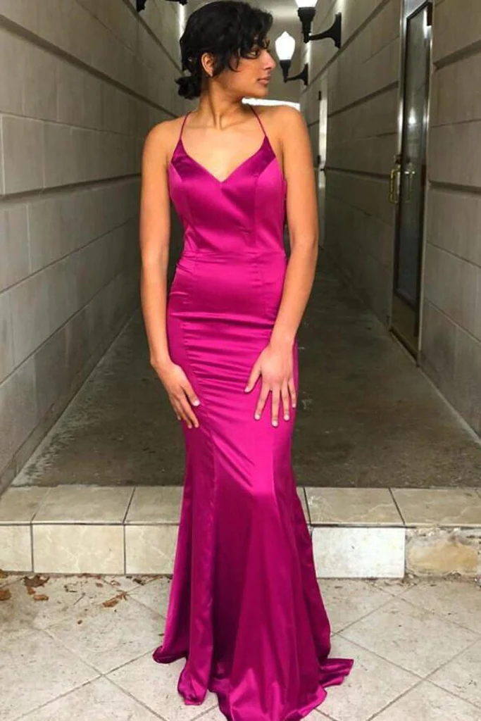 Fuchsia Mermaid Criss Cross Back Long Prom Dresses Formal Evening Dress,DP1544