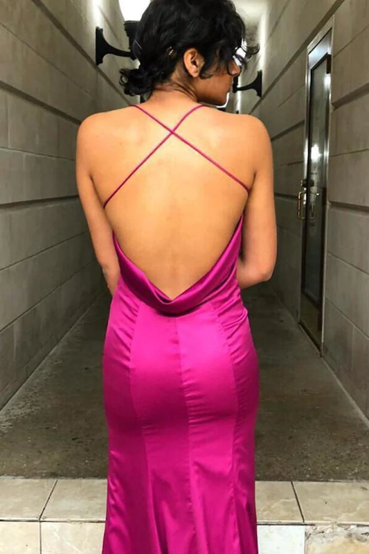 Fuchsia Mermaid Criss Cross Back Long Prom Dresses Formal Evening Dress,DP1544