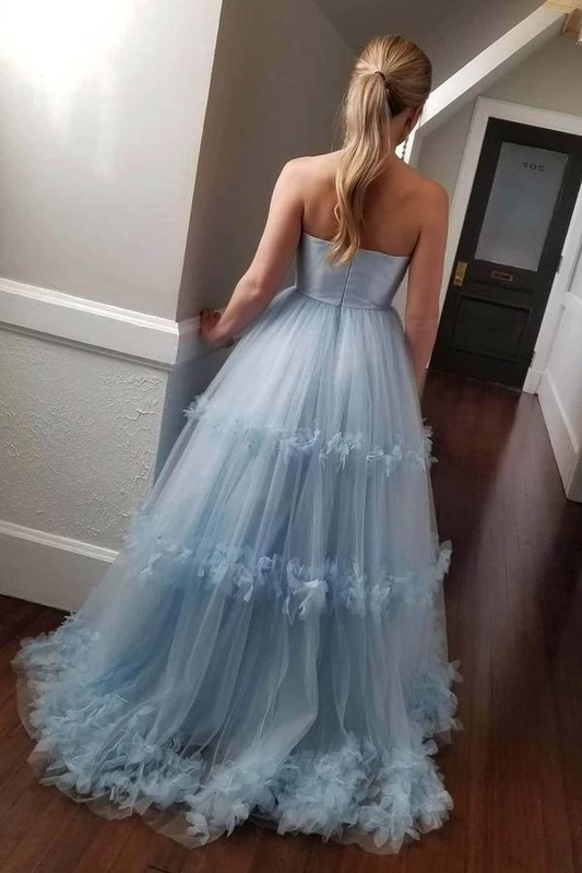 Light Blue Strapless Tulle A Line Formal Gown Long prom Dress,DP1545