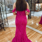 Fuchsia Off-The-Shoulder Mermaid Lace Long Prom Dress,DP1547