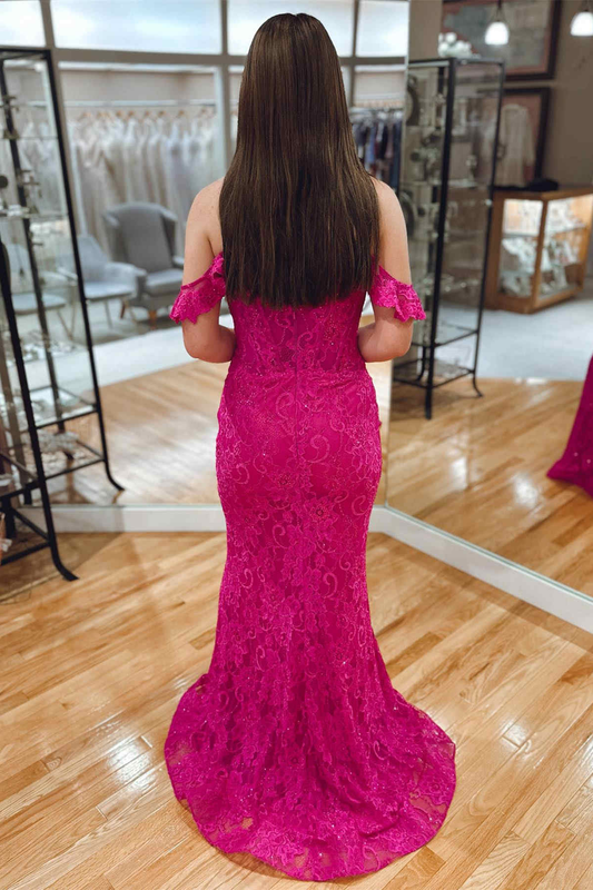 Fuchsia Off-The-Shoulder Mermaid Lace Long Prom Dress,DP1547