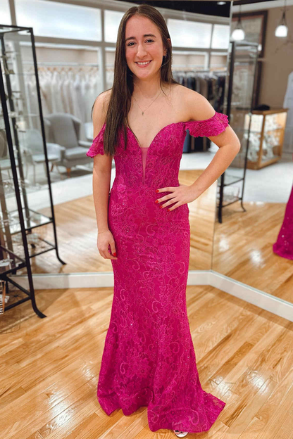 Fuchsia Off-The-Shoulder Mermaid Lace Long Prom Dress,DP1547