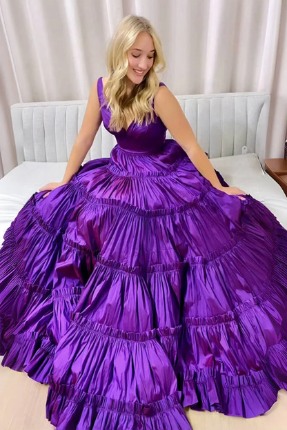 Purple V-Neck Ruffles A-Line Two Piece Long Prom Dress,DP1548