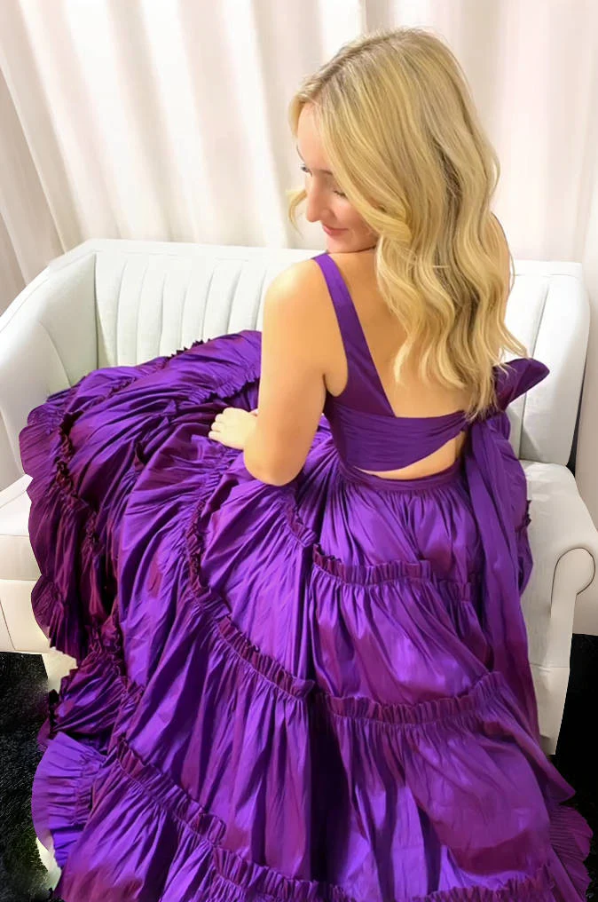 Purple V-Neck Ruffles A-Line Two Piece Long Prom Dress,DP1548