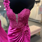 Fuchsia One Shoulder Ruched Mermaid Long Prom Dress with 3D Flowers,DP1549