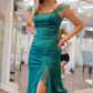 Emerald Green Square Neck Ruffle Slit Mermaid Long Prom Dress,DP1550