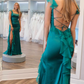 Emerald Green Square Neck Ruffle Slit Mermaid Long Prom Dress,DP1550