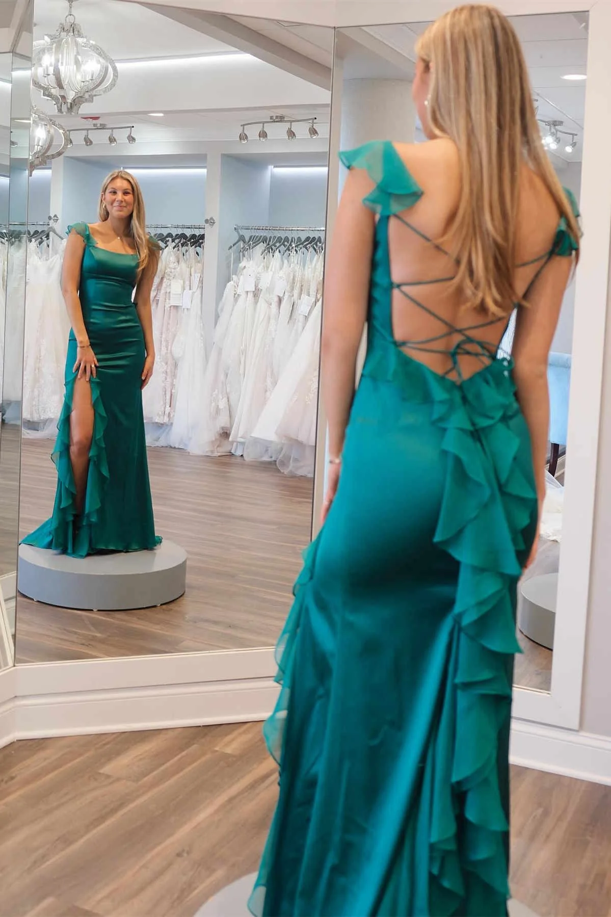 Emerald Green Square Neck Ruffle Slit Mermaid Long Prom Dress,DP1550