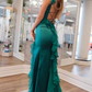 Emerald Green Square Neck Ruffle Slit Mermaid Long Prom Dress,DP1550