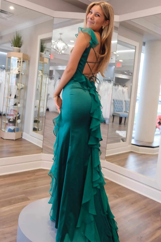 Emerald Green Square Neck Ruffle Slit Mermaid Long Prom Dress,DP1550