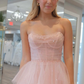 Light Pink A-Line Strapless Sequin Beaded Ruffle Tulle Long Prom Dress,DP1551