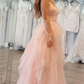 Light Pink A-Line Strapless Sequin Beaded Ruffle Tulle Long Prom Dress,DP1551