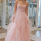 Light Pink A-Line Strapless Sequin Beaded Ruffle Tulle Long Prom Dress,DP1551