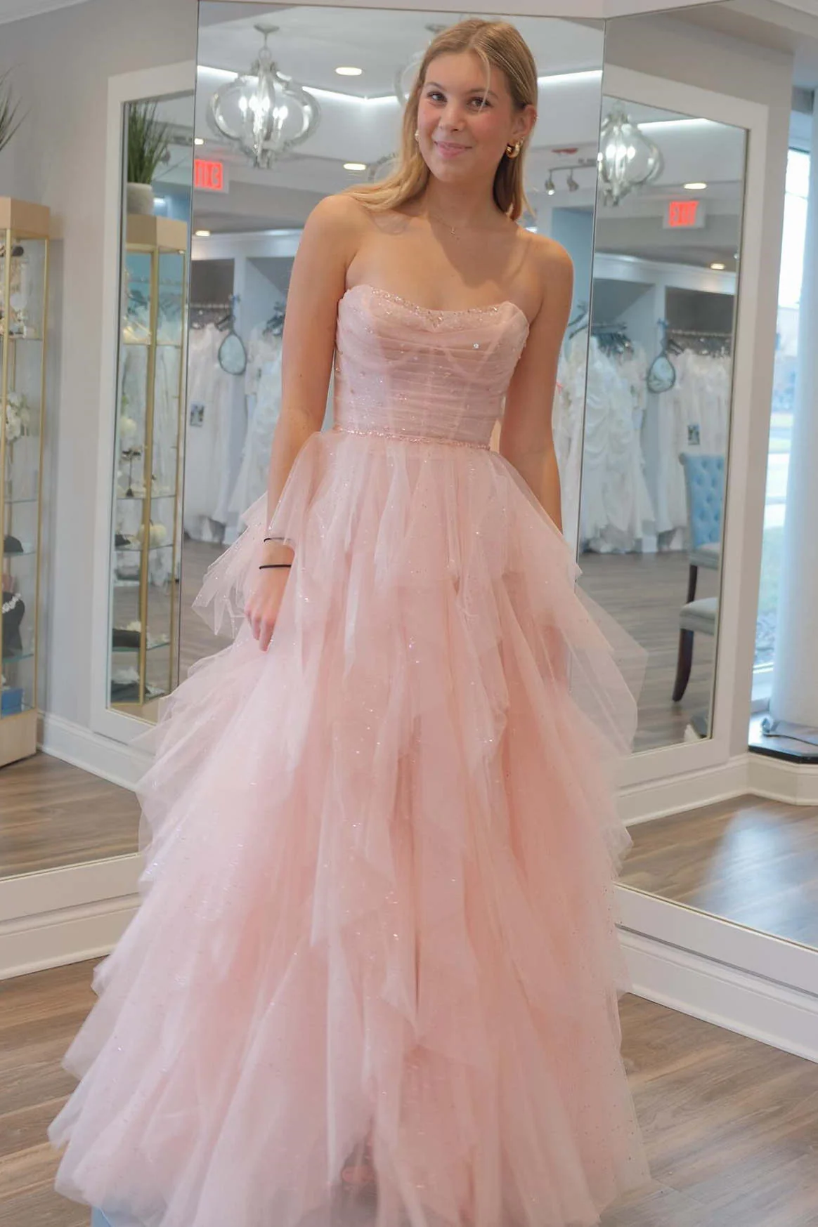 Light Pink A-Line Strapless Sequin Beaded Ruffle Tulle Long Prom Dress,DP1551