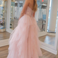 Light Pink A-Line Strapless Sequin Beaded Ruffle Tulle Long Prom Dress,DP1551