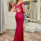 Fuchsia Off-The-Shoulder Sequin Mermaid Long Prom Dress with Appliques,DP1552