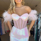 Sweetheart Pink Off the Shoulder Feathered Mermaid Long Prom Dress,DP1553