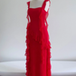 Red Square Neck Ruffle Chiffon Long Party Dress,DP1554