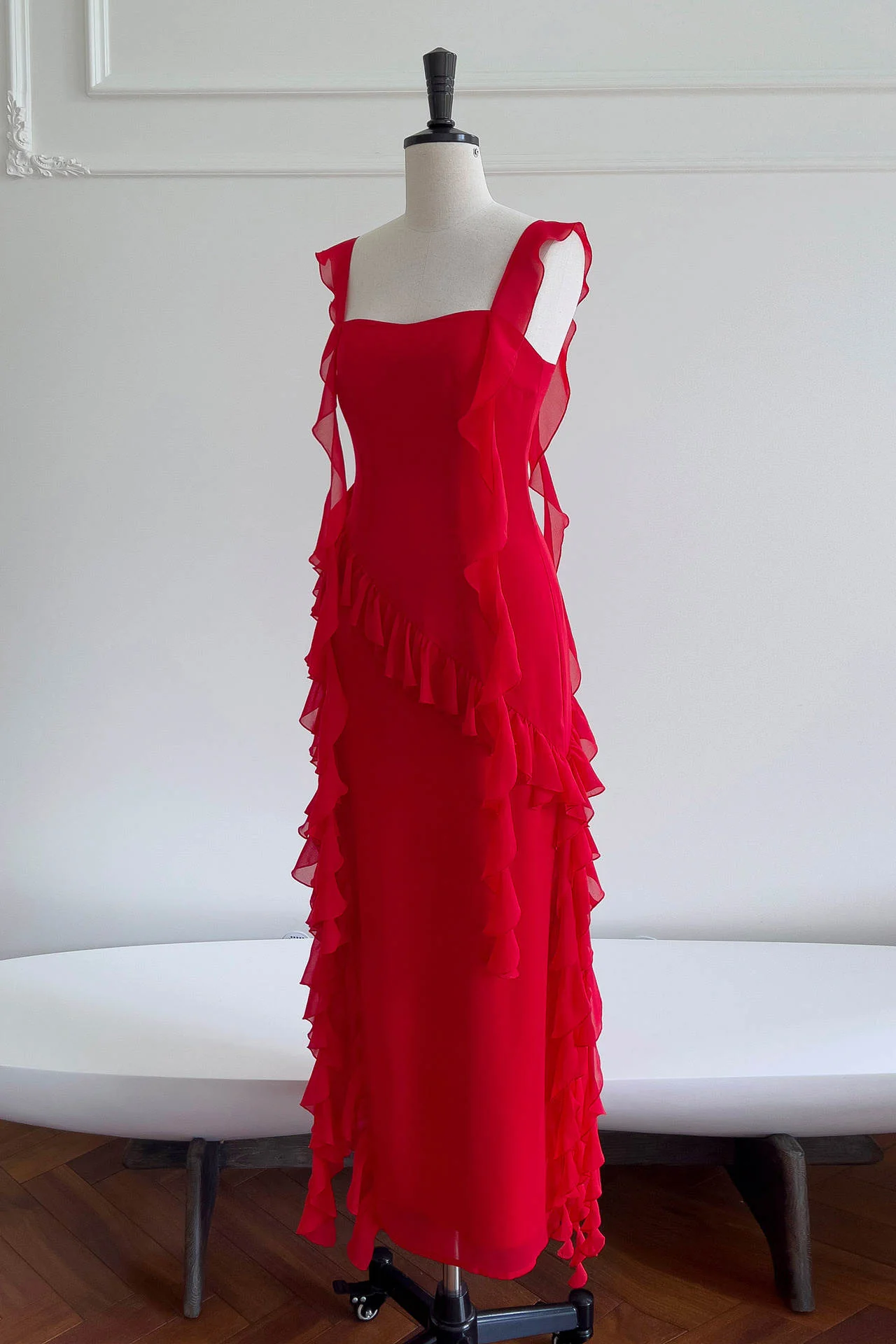 Red Square Neck Ruffle Chiffon Long Party Dress,DP1554