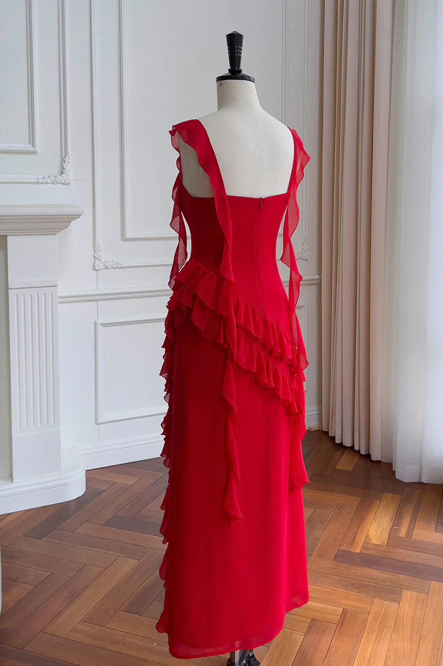 Red Square Neck Ruffle Chiffon Long Party Dress,DP1554