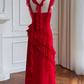 Red Square Neck Ruffle Chiffon Long Party Dress,DP1554