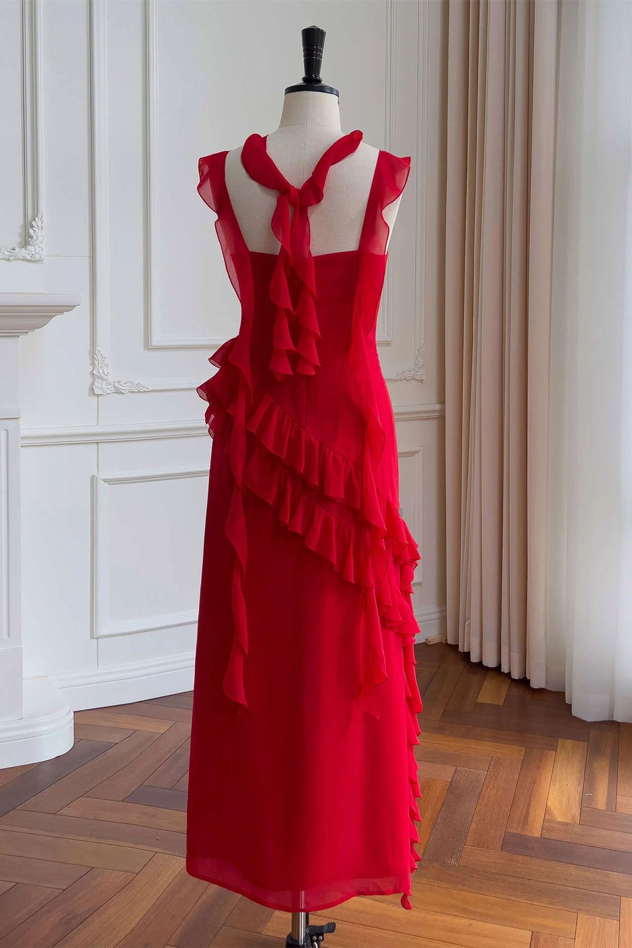 Red Square Neck Ruffle Chiffon Long Party Dress,DP1554