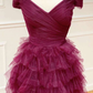 Dark Berry A-Line Off Shoulder Pleated Sheer Tulle Tiered Long Prom Dress,DP1556