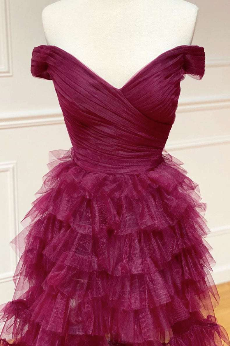 Dark Berry A-Line Off Shoulder Pleated Sheer Tulle Tiered Long Prom Dress,DP1556