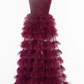 Dark Berry A-Line Off Shoulder Pleated Sheer Tulle Tiered Long Prom Dress,DP1556