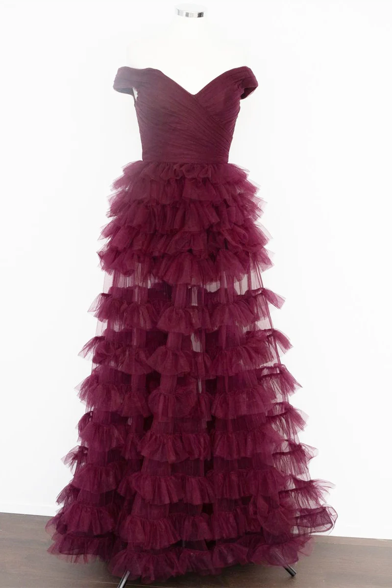 Dark Berry A-Line Off Shoulder Pleated Sheer Tulle Tiered Long Prom Dress,DP1556