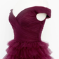 Dark Berry A-Line Off Shoulder Pleated Sheer Tulle Tiered Long Prom Dress,DP1556