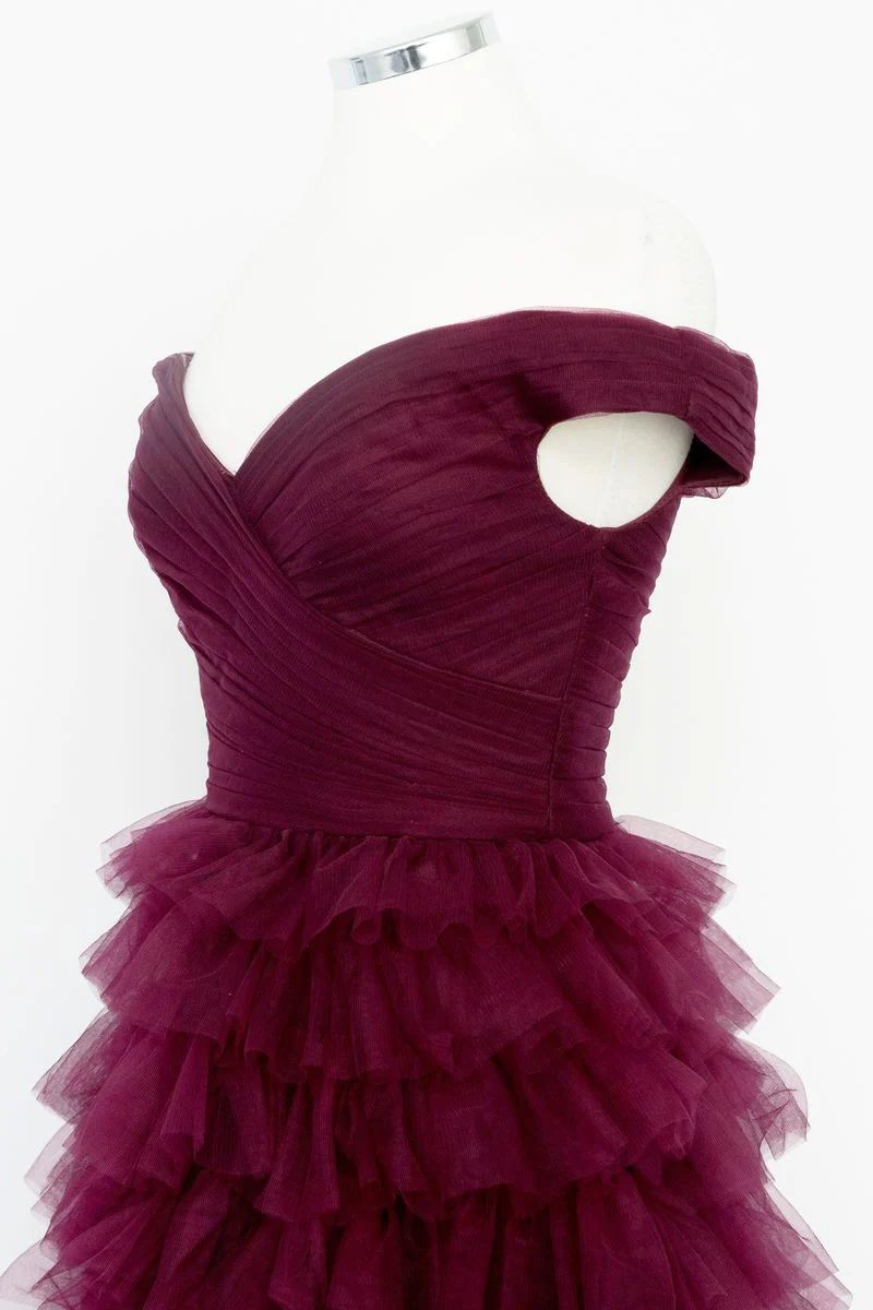 Dark Berry A-Line Off Shoulder Pleated Sheer Tulle Tiered Long Prom Dress,DP1556