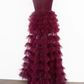 Dark Berry A-Line Off Shoulder Pleated Sheer Tulle Tiered Long Prom Dress,DP1556