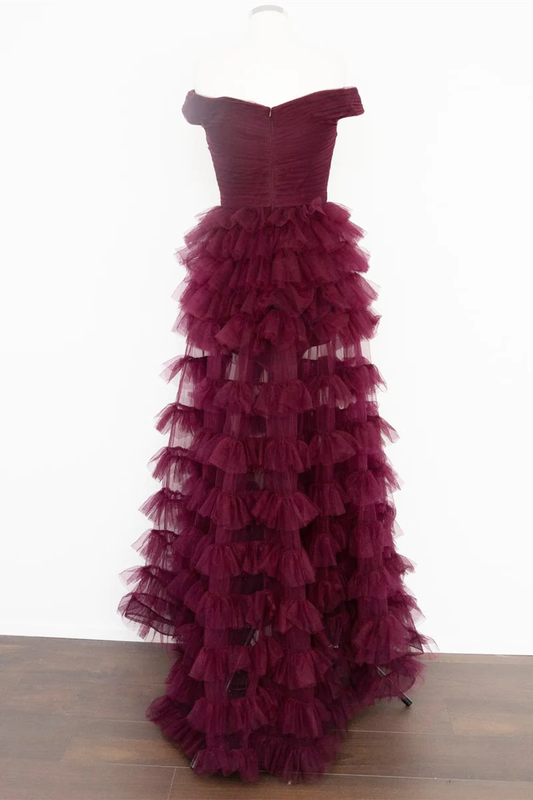 Dark Berry A-Line Off Shoulder Pleated Sheer Tulle Tiered Long Prom Dress,DP1556