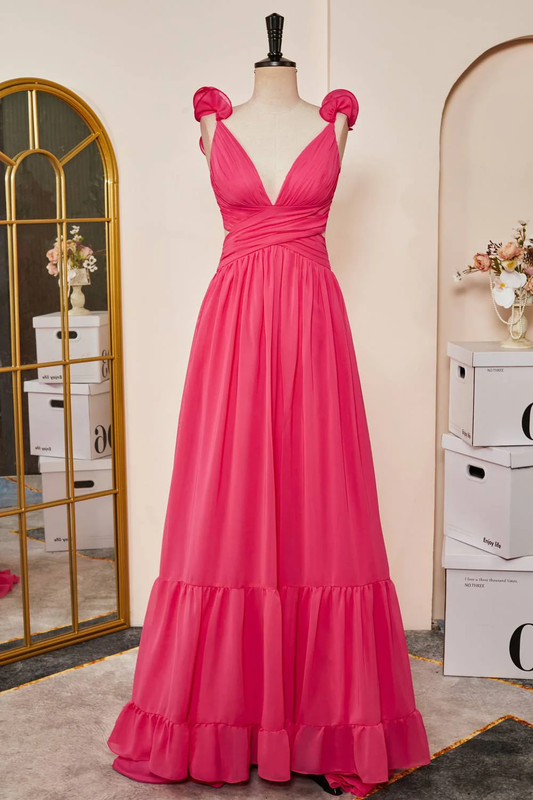 Hot Pink Plunging V-Neck Ruffled Straps A-Line Long Prom Dress,DP1559