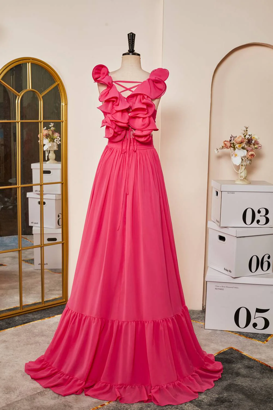 Hot Pink Plunging V-Neck Ruffled Straps A-Line Long Prom Dress,DP1559