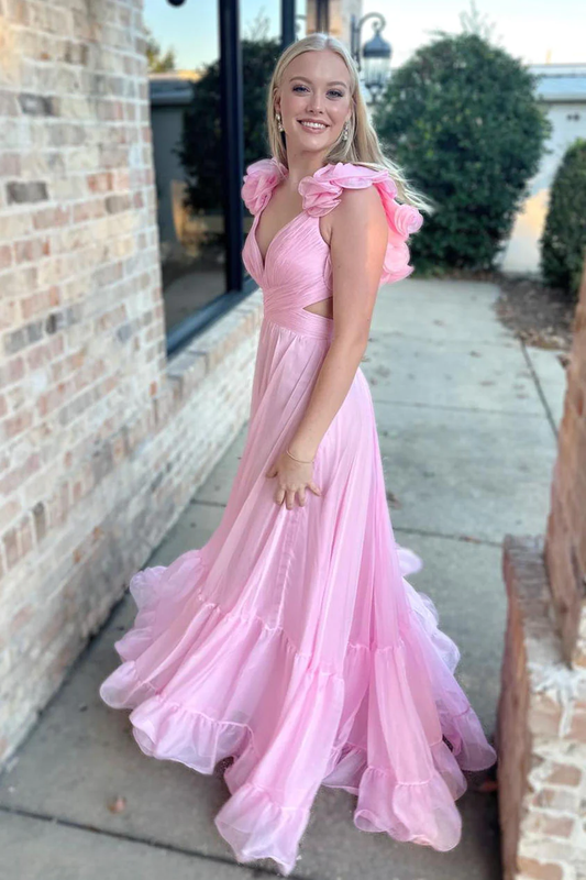 Pink A-Line Lace-Up V-Neck Ruffle Pleated Long Prom Dress,DP1560