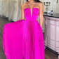 Fuchsia A-Line V Neck Pleated Long Prom Dress Wedding Guest Dress,DP1563