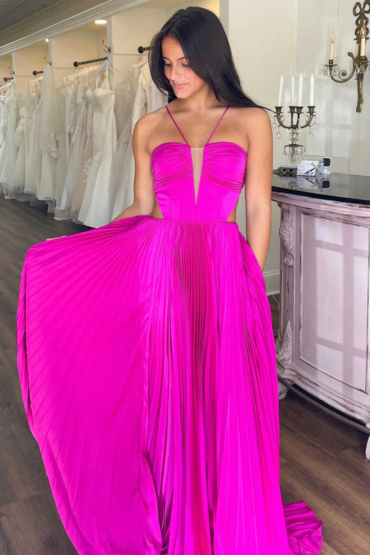 Fuchsia A-Line V Neck Pleated Long Prom Dress Wedding Guest Dress,DP1563