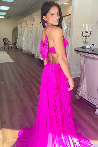 Fuchsia A-Line V Neck Pleated Long Prom Dress Wedding Guest Dress,DP1563