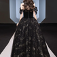 Black A-Line Off Shoulder Tulle Lace Long Prom Dress with Beads,DP1566