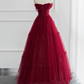 Burgundy A-line Off Shoulder Tulle Shiny Long Prom Dress,DP1567